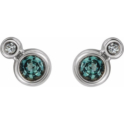 Lab Grown Alexandrite Earrings in 14 Karat White Gold and 0.12 Carat Diamonds