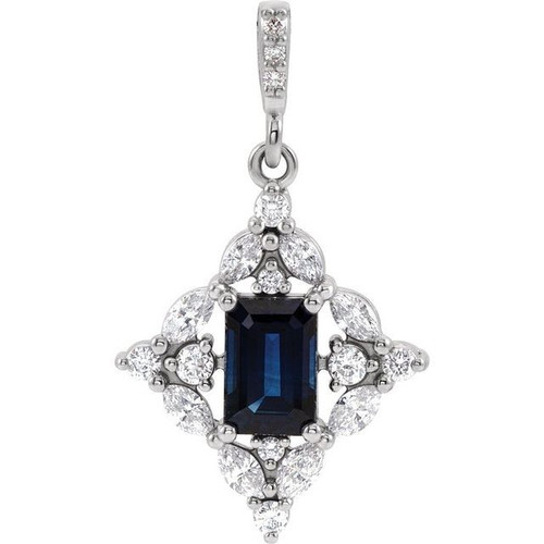 Genuine Sapphire Pendant in Platinum Genuine Sapphire and 0.37 Carat Diamond Pendant