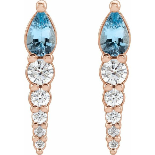 Genuine Pear Cut Aquamarine in 14 Karat Rose Gold and 0.25 Carat Diamond Earrings