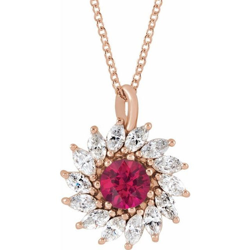 14 Karat Rose Gold Lab Grown Ruby and 0.60 Carat Natural Diamond Halo 16 inch Pendant