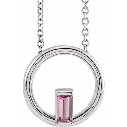 14 Karat White Gold Natural Pink Tourmaline Circle 16 inch Pendant