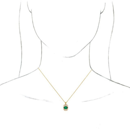 Genuine Emerald Necklace in 14 Karat Yellow Gold Emerald and 0.25 Carat Diamond 16 inch Pendant