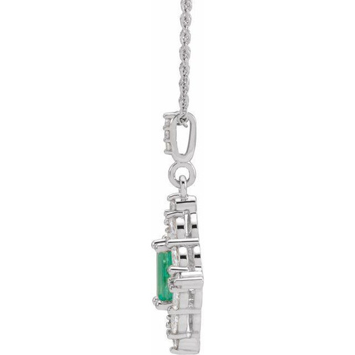 Genuine Emerald Necklace in 14 Karat White Gold Emerald and 0.37 Carat Diamond 16 inch Pendant