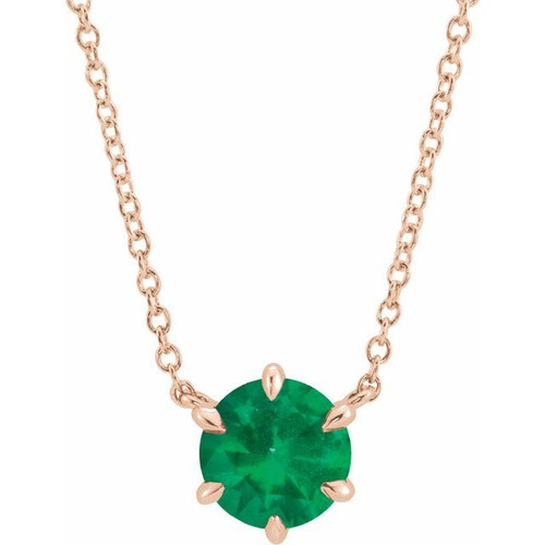 Created Emerald Necklace in 14 Karat Rose Gold Created Emerald Solitaire 16 inch Pendant