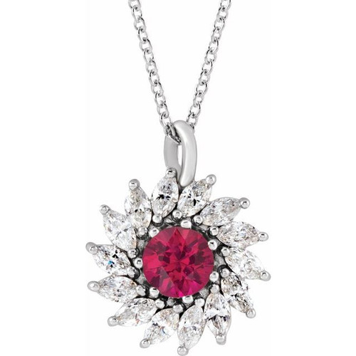 Platinum Natural Ruby & 0.60 Carats Natural Diamond Halo 16 to 18 inch Pendant