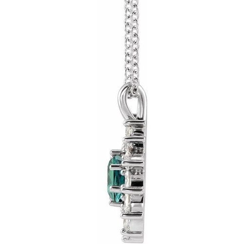 14 Karat White Gold Lab Grown Alexandrite and 0.60 Carat Natural Diamond Halo 16 inch Pendant
