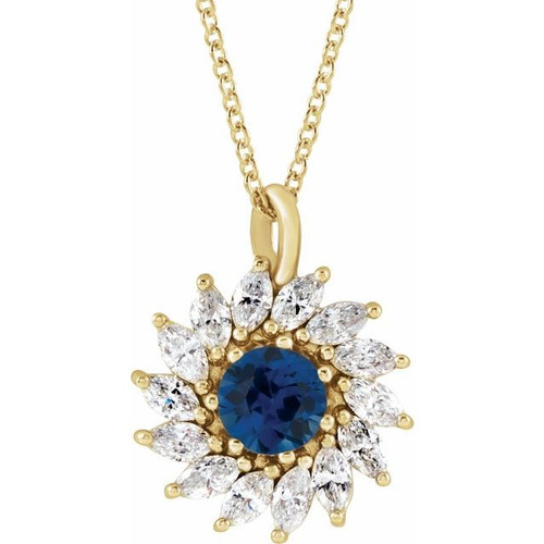 14 Karat Yellow Gold Lab Grown Blue Sapphire & 0.60 Carats Natural Diamond Halo 16 to 18 inch Pendant