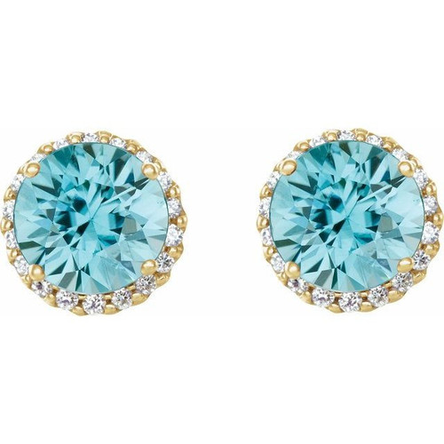 Genuine Blue Zircon Earrings in 14 Karat Yellow Gold Genuine Blue Zircon & 0.16 Carat Diamond Earrings