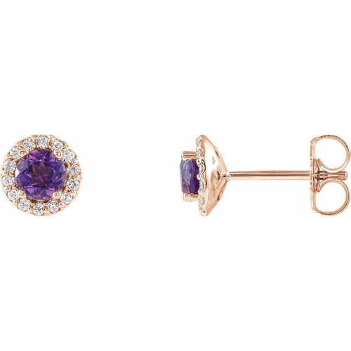 Genuine Amethyst Earrings in 14 Karat Rose Gold Amethyst & 1/8 Carat Diamond Earrings