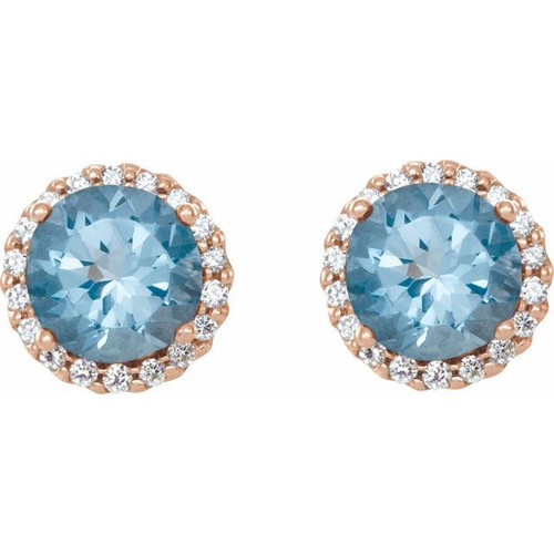 Genuine Aquamarine Earrings in 14 Karat Rose Gold Round Cut Aquamarine & 0.16 Carat Diamond Earrings