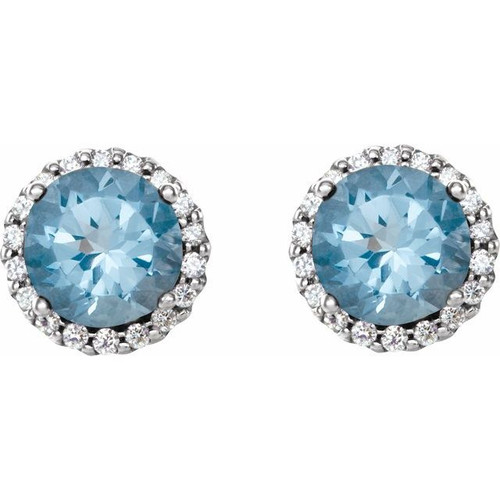 Genuine Aquamarine Earrings in Platinum Round Cut Aquamarine & 0.16 Carat Diamond Earrings