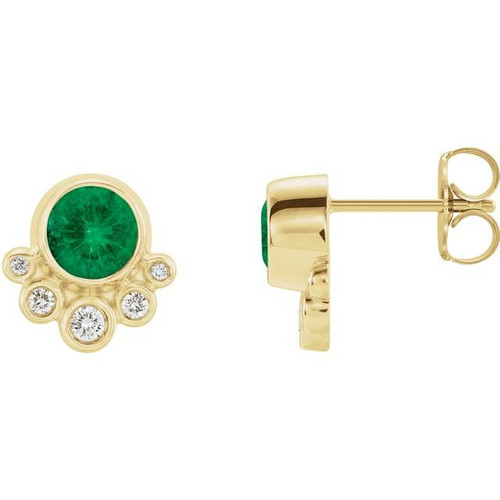 Genuine Emerald Earrings in 14 Karat Yellow Gold Emerald and 0.13 Carat Diamond Earrings
