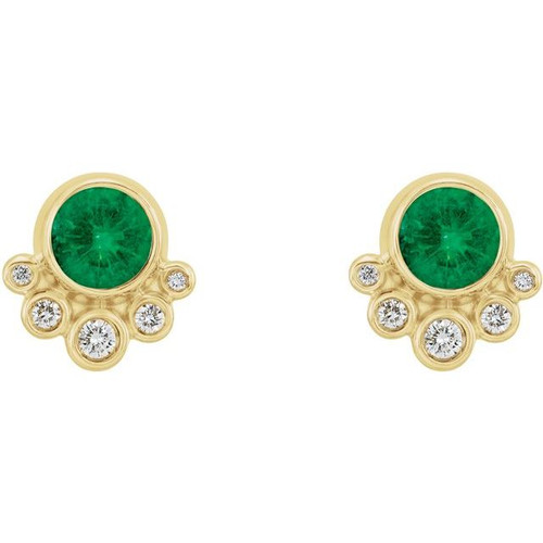 Genuine Emerald Earrings in 14 Karat Yellow Gold Emerald and 0.13 Carat Diamond Earrings