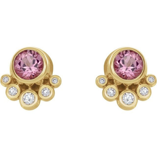 Pink Tourmaline Earrings in 14 Karat Yellow Gold Pink Tourmaline and 0.13 Carat Diamonds