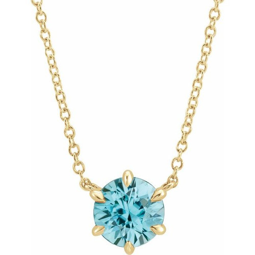 Genuine Blue Zircon Necklace14 Karat Yellow Gold Solitaire 16 inch Pendant