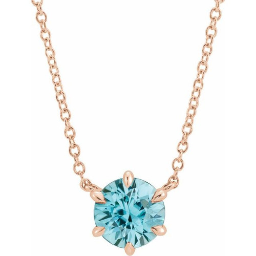 Genuine Blue Zircon Necklace14 Karat Rose Gold Solitaire 18 inch Pendant