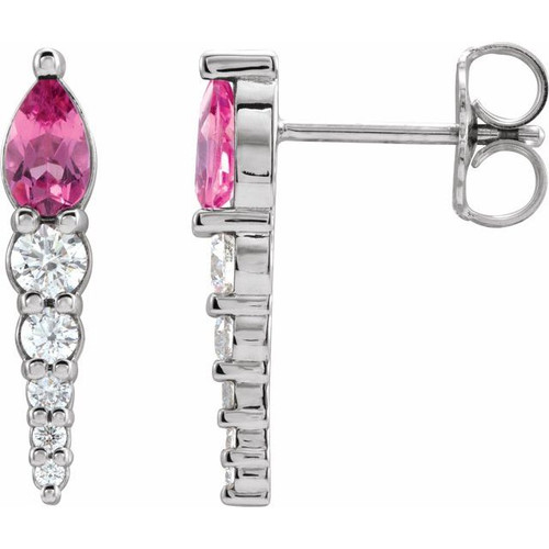 Pink Tourmaline Hanging Earrings in Sterling Silver & 0.25 Carat Diamond Earrings