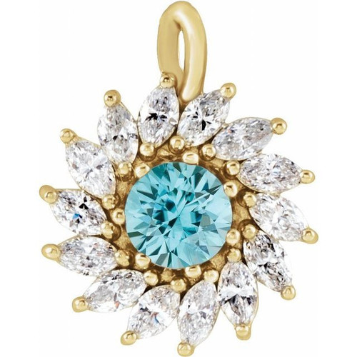 14 Karat Yellow Gold Natural Blue Blue Zircon & 0.60 Carats Natural Diamond Halo Pendant