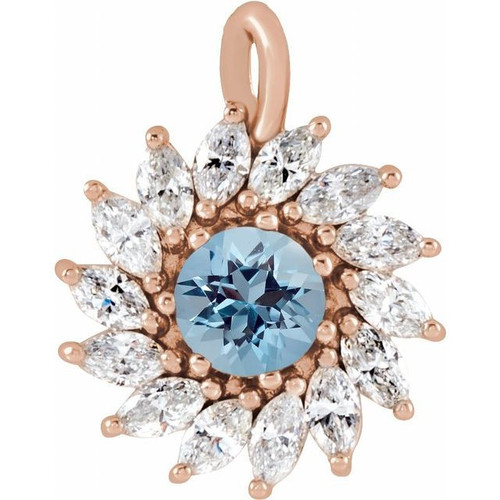 14 Karat Rose Gold Natural Aquamarine & 0.60 Carats Natural Diamond Halo Pendant