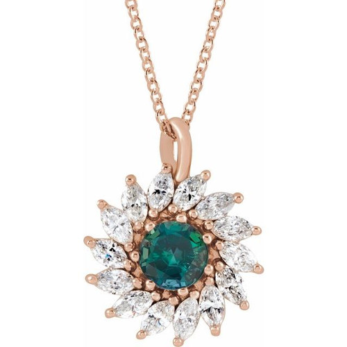 14 Karat Rose Gold Lab Grown Alexandrite & 0.60 Carats Natural Diamond Halo 16 to 18 inch Pendant