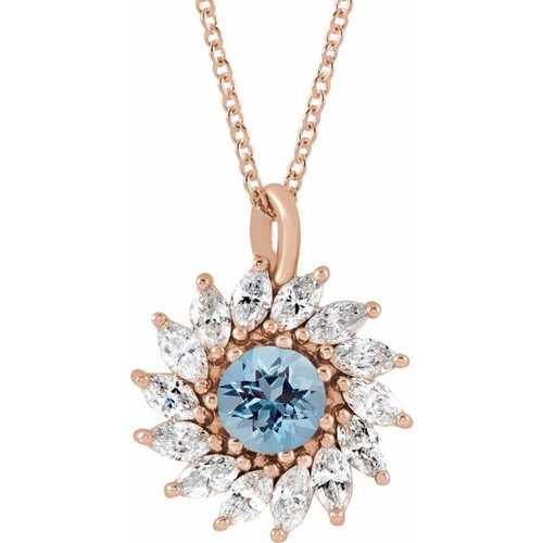 14 Karat Rose Gold Natural Aquamarine & 0.60 Carats Natural Diamond Halo 16 to 18 inch Pendant