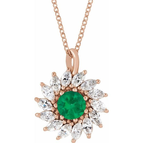 14 Karat Rose Gold Natural Emerald & 0.60 Carats Natural Diamond Halo 16 to 18 inch Pendant