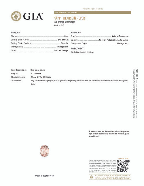 Unheated Gem Padparadscha Sapphire - Oval Cut - 1.22 Carats - 7.54x5.72x3.5mm - GIA Certified
