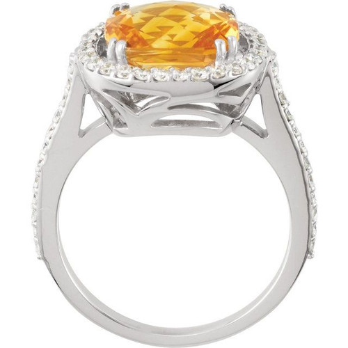 Checkerboard Cut Huge Citrine and Diamond Halo Ring in 14 Karat White Gold