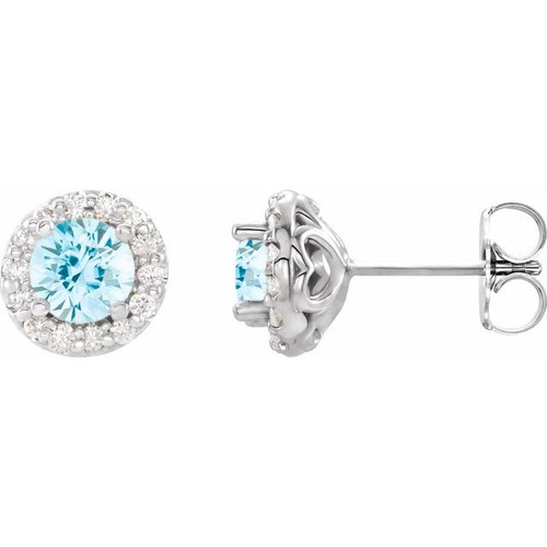 Genuine Aquamarine Earrings in 14 Karat White Gold Round Cut Aquamarine & 1/6 Carat Diamond Earrings