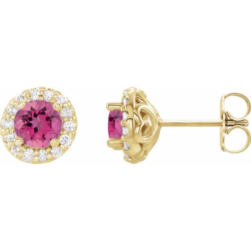 Pink Tourmaline Earrings in 14 Karat Yellow Gold Pink Tourmaline & 1/6 Carat Diamond Earrings