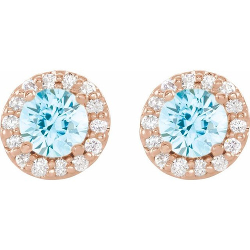 Genuine Aquamarine Earrings in 14 Karat Rose Gold Round Cut Aquamarine & 1/6 Carat Diamond Earrings