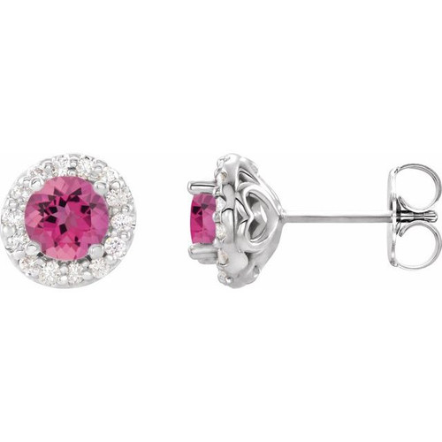 Pink Tourmaline Earrings in Sterling Silver & 1/6 Carat Diamond Halo Earrings