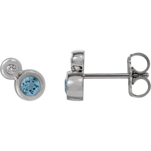 Genuine Aquamarine Earrings in 14 Karat White Gold Round Cut Aquamarine & 1/8 Carat Diamond Earrings