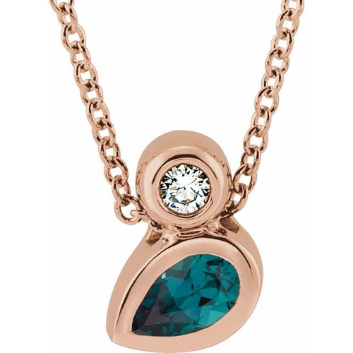 14 Karat Rose 5x3 mm Pear Lab Grown Blue Sapphire & .03 CT Natural Diamond 16 to 18 inch Necklace
