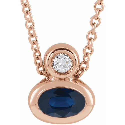 14 Karat Rose 5x3 mm Oval Lab Grown Blue Sapphire & .03 CT Natural Diamond 16 to 18 inch Necklace
