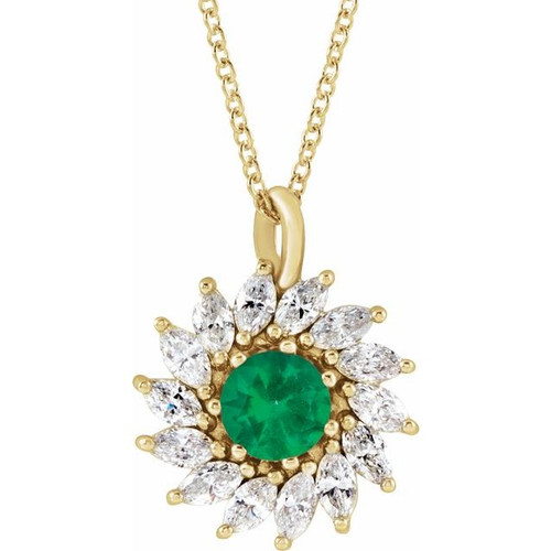 14K Yellow Natural Emerald & 5/8 CTW Natural Diamond Halo-Style 16-18" Necklace