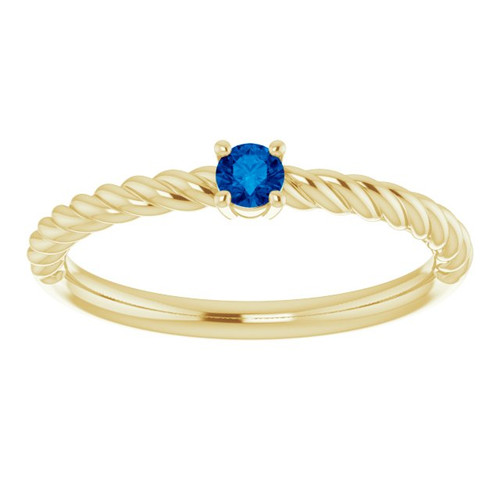 Yellow Gold Ring 14 Karat 3 mm Round Cut Lab Grown Blue Sapphire Solitaire Rope Ring