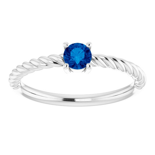 White Gold Ring 14 Karat 4 mm Round Cut Lab Grown Blue Sapphire Solitaire Rope Ring