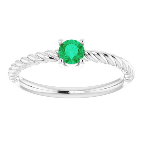 White Gold Ring 14 Karat 4 mm Lab Grown Emerald Solitaire Rope Ring