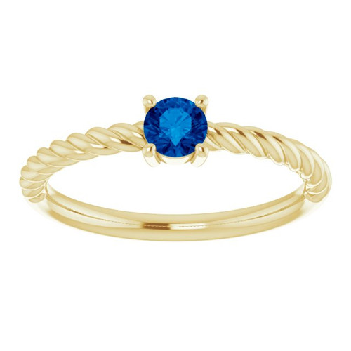 Yellow Gold Ring 14 Karat 4 mm Round Cut Lab Grown Blue Sapphire Solitaire Rope Ring