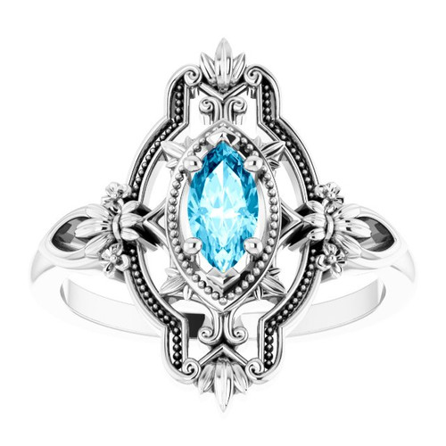 White Gold Ring 14 Karat Natural Aquamarine Vintage Inspired Ring