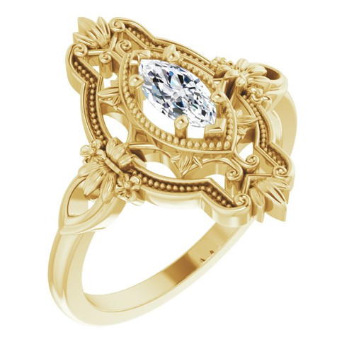 Yellow Gold Ring 14 Karat  Lab Grown Moissanite Vintage Inspired Ring