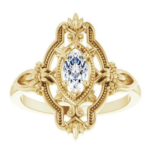 Yellow Gold Ring 14 Karat  Lab Grown Moissanite Vintage Inspired Ring