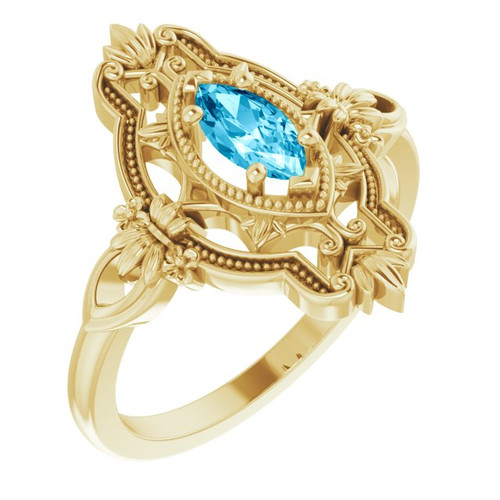 Yellow Gold Ring 14 Karat Natural Aquamarine Vintage Inspired Ring