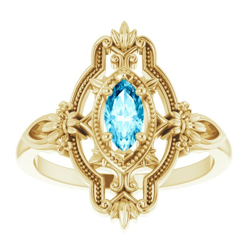 Yellow Gold Ring 14 Karat Natural Aquamarine Vintage Inspired Ring