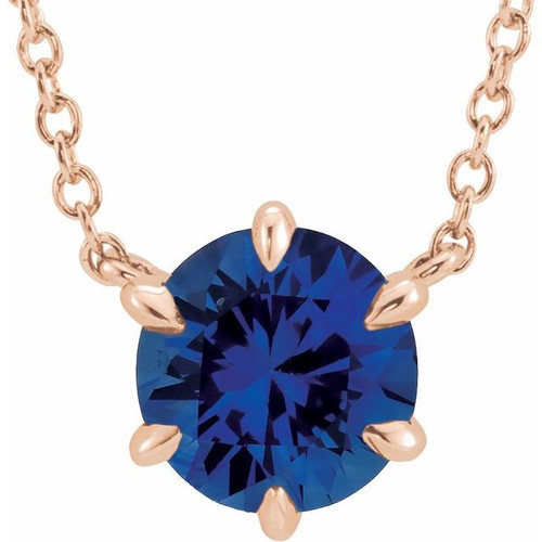 Genuine Created Sapphire Necklace in 14 Karat Rose Gold Chatham Created Genuine Sapphire Solitaire 16" Necklace .