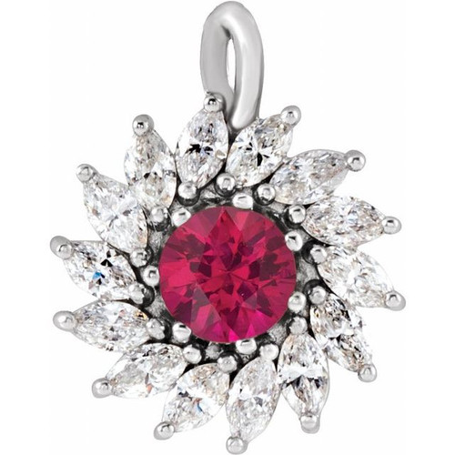 14K White Lab-Grown Ruby & 5/8 CTW Natural Diamond Halo-Style Pendant.