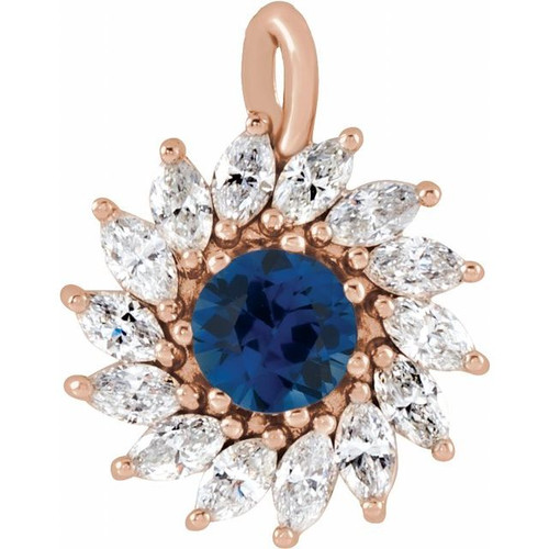 14K Rose Natural Blue Sapphire & 5/8 CTW Natural Diamond Halo-Style Pendant.