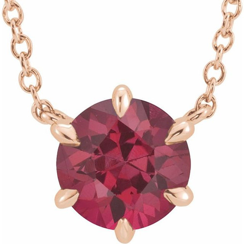 Created Round Ruby set in 14 Karat Rose Gold Solitaire 18" Necklace