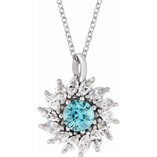 Sterling Silver Natural Blue Zircon & 5/8 CTW Natural Diamond Halo-Style 16-18" Necklace.